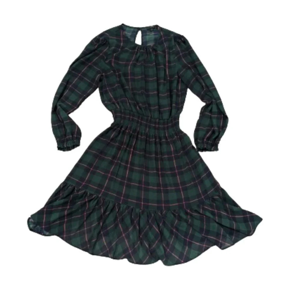 J Crew Plaid Holiday Dress Long‎ Sleeve Green with Navy Blue and Red Size S